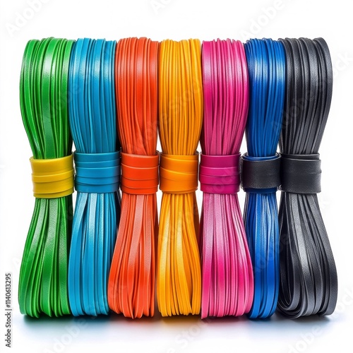 Colorful rolls of leather cords organized in vibrant stacks for crafting acti...