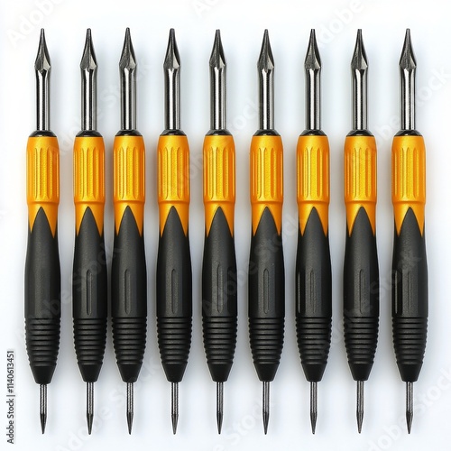 Collection of five orange and black retractable pens arranged in a row on a w...