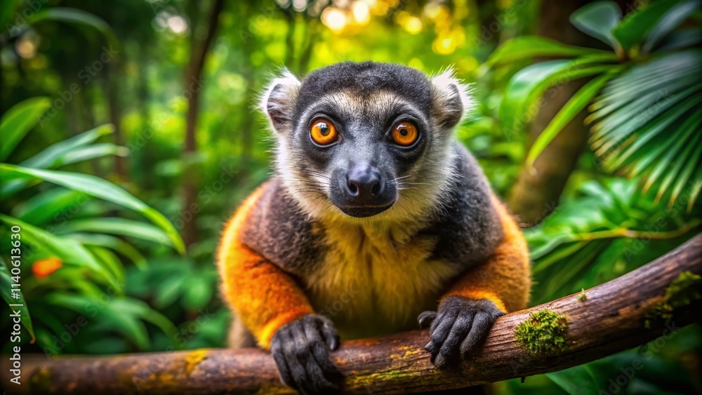 Fototapeta premium Panoramic Lemur Portrait: Yellow-Nosed Primate on Branch, Wildlife Photography, Madagascar Animal