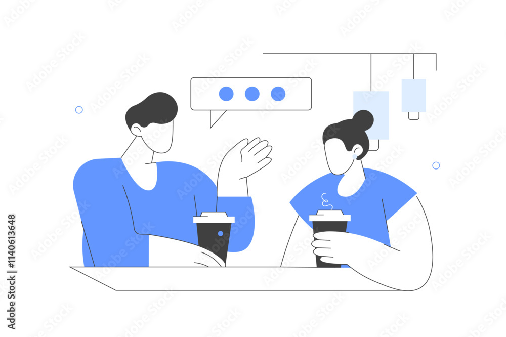 People Characters Sitting Together at Table in Modern Loft Style Coffee Shop and Drinking Coffee. Woman and Man Meeting and Talking in Coffeehouse or Cafe. Flat Cartoon Vector Illustration, icon People Characters Sitting Together at Table in Modern Loft Style Coffee Shop and Drinking Coffee. Woman and Man Meeting and Talking in Coffeehouse or Cafe. Flat Cartoon Vector Illustration, icon