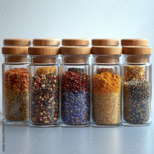 Colorful selection of spices arranged in jars on a light surface for culinary...