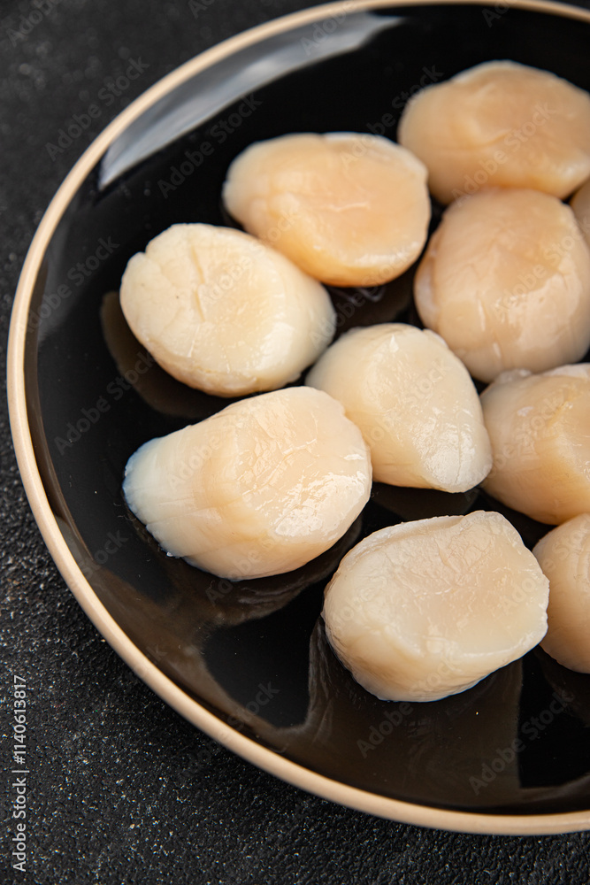 Raw sea scallop seafood fresh tasty food dish delicious gourmet food background on the table rustic food top view copy space keto and paleo diet vegetarian food pescetarian diet Raw sea scallop seafood fresh tasty food dish delicious gourmet food background on the table rustic food top view copy space keto and paleo diet vegetarian food pescetarian diet