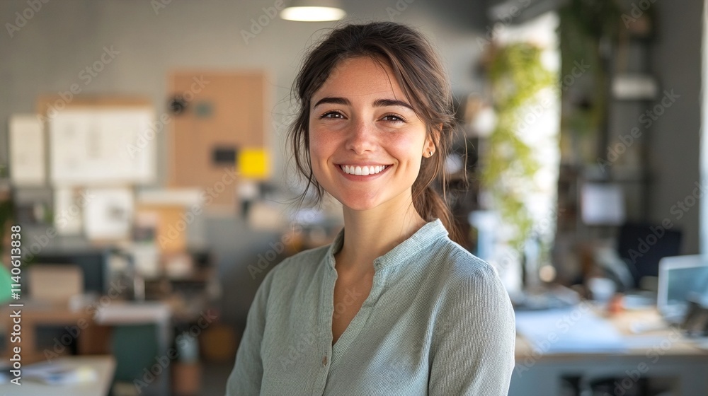 Fototapeta premium A young woman with brown hair pulled back into a ponytail is standing in an office setting.