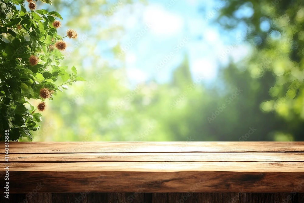 Empty wooden deck table with foliage bokeh background. Ready for product display montage.