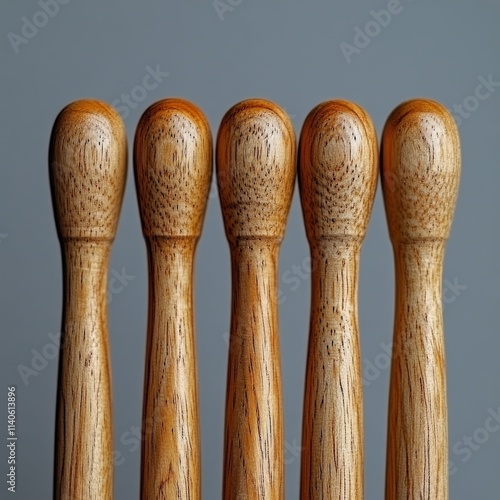 Unique wooden rolling pins arranged in a row on a light blue background