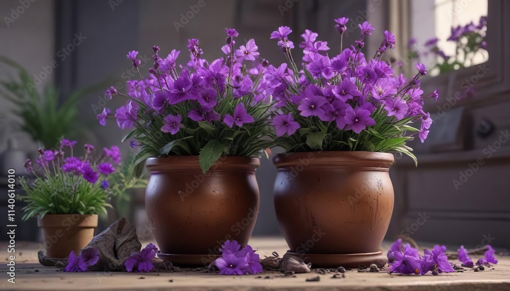 Obraz premium Vibrant purple flowers in a pot with dead ones nearby , flower pot, pot plants, garden
