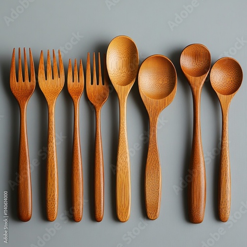 Collection of wooden utensils arranged neatly on a light surface for a simple...