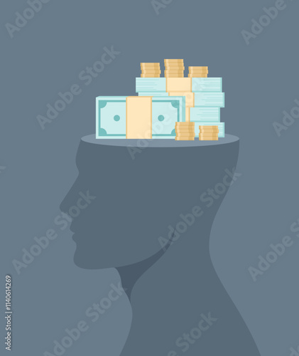 Gray side view male silhouette with stacks of money in his head, flat vector illustration