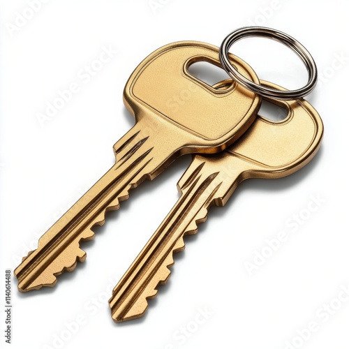 Two golden keys on a metal ring resting on a plain surface in natural light