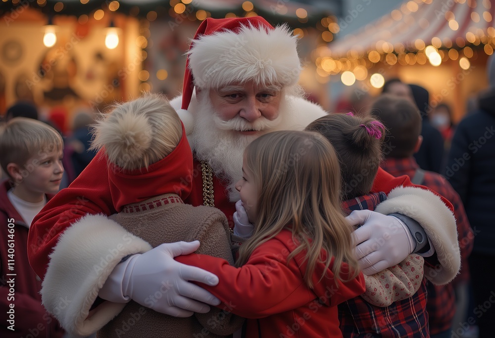 Santa Claus hugging children at a Christmas market. Santa Claus hugging children at a Christmas market.