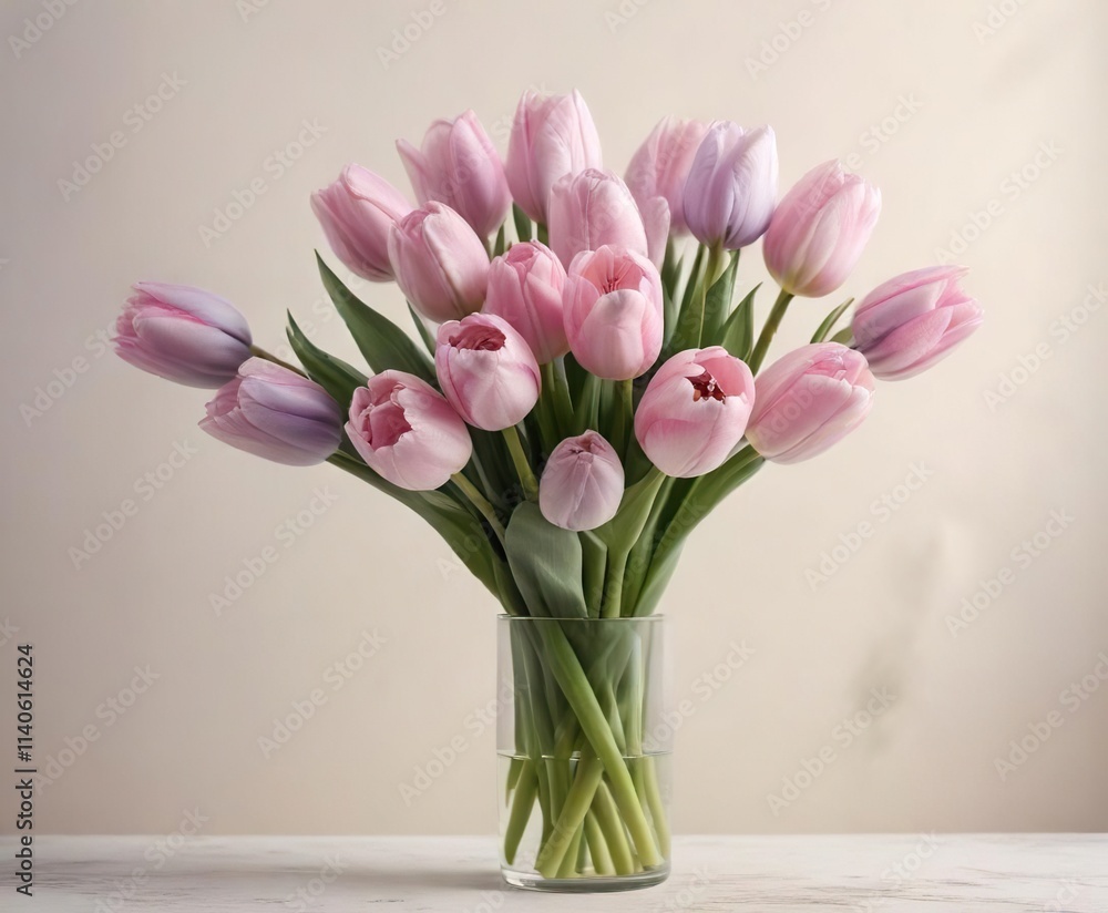 Softly lit pastel pink and lavender tulip bouquet on a creamy white background, nature, floral, garden Softly lit pastel pink and lavender tulip bouquet on a creamy white background, nature, floral, garden