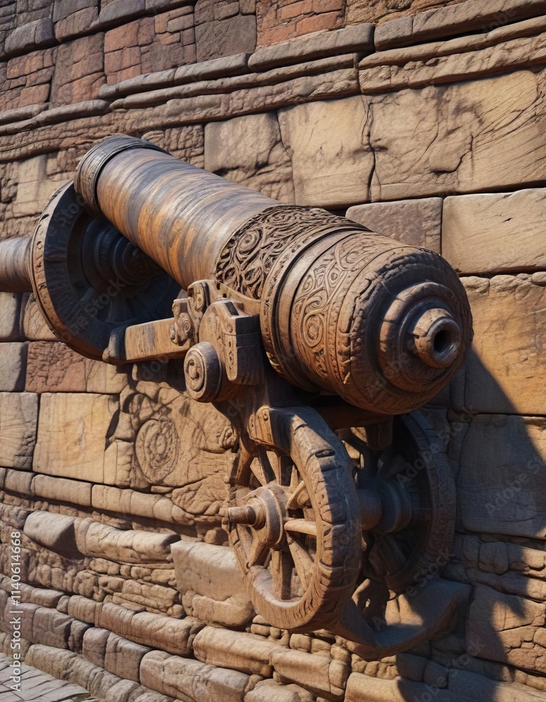 Weathered cannon with intricate carvings on an ancient fortress wall , walls, medieval Weathered cannon with intricate carvings on an ancient fortress wall , walls, medieval