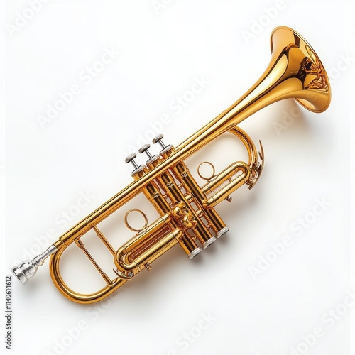 Golden trumpet resting on a white background showcasing musical elegance and ...