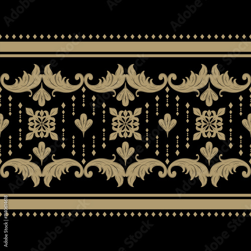 Leaves and Blossom Rococo Style In Wonderland. Mystery Black High Fashion Elegance Design Seamless Pattern Border. Royal golden Silk Embroidery nature inspired, hand draw, Luxury craft, handmade. Lace photo