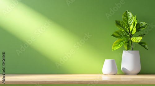 Green plant in a white pot on a wooden table, bright green wall. photo