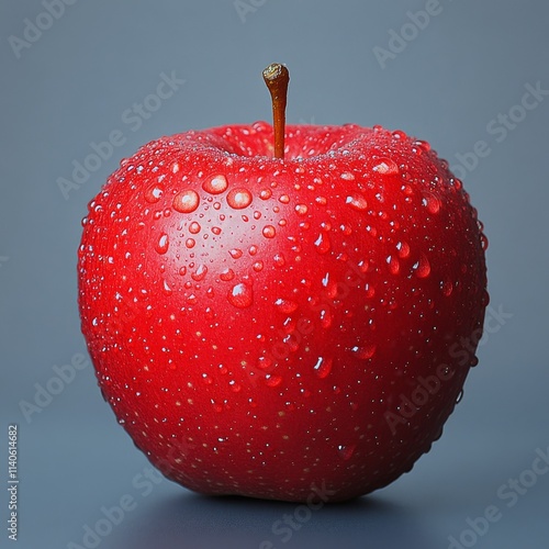 Fresh red apple with water droplets on a blue background