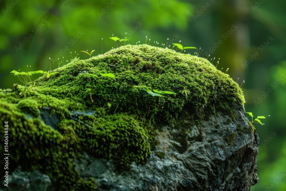 Green moss covering a rocky surface in a lush forest during daylight, showcasing nature's vibrant textures and details Green moss covering a rocky surface in a lush forest during daylight, showcasing nature's vibrant textures and details