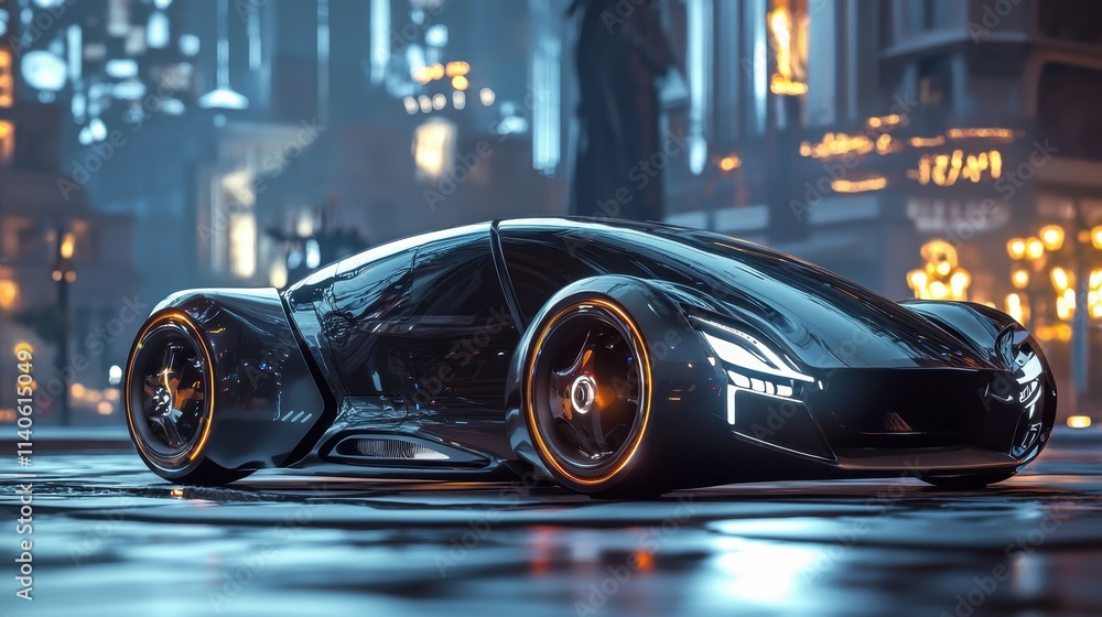 Futuristic Self-Driving Car Navigating Through City Streets at Night in Vivid Urban Environment Futuristic Self-Driving Car Navigating Through City Streets at Night in Vivid Urban Environment
