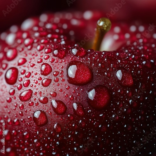 Fresh red apple with water droplets on a clean surface ready for consumption ...