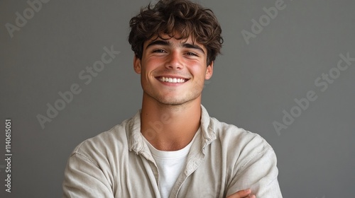 A young man with tan skin and brown hair is smiling at the camera.