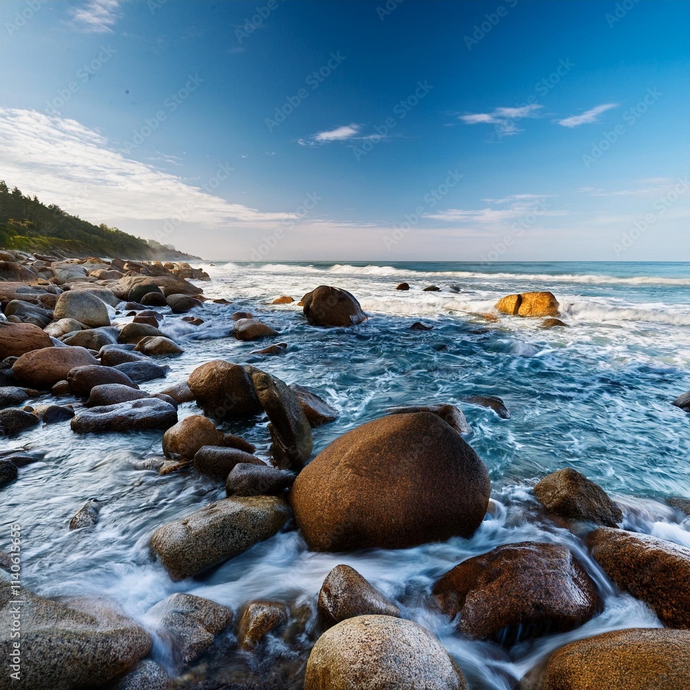 “Serene Beachscape with Pebbles”