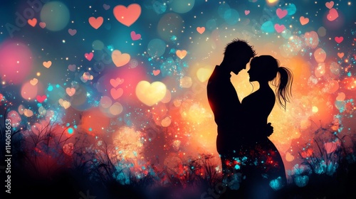 Romantic couple silhouetted against heart filled dreamy background during twi...