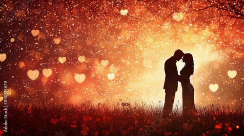 Romantic couple silhouetted against heart filled dreamy background during twi...