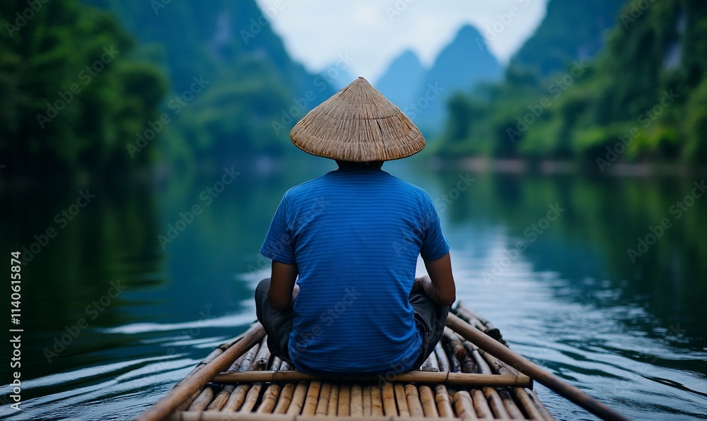 Man in conical hat on bamboo raft, serene river landscape. Man in conical hat on bamboo raft, serene river landscape.