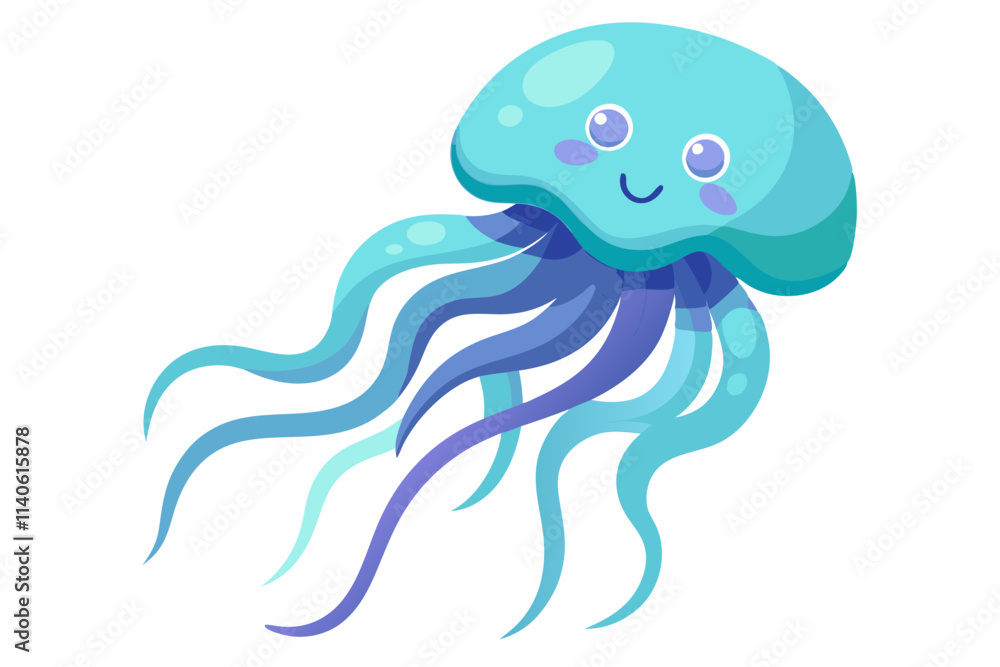 Fototapeta premium Vector Illustration of a Cartoon Jellyfish Animation, Painted with Watercolor, Isolated on a White Background Stunning Digital Artwork for Creative Projects, Stock Images, and Design Use.