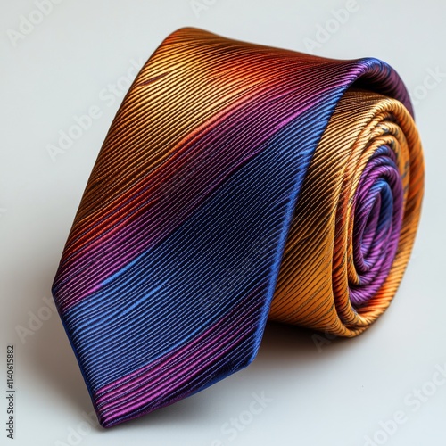 Elegant silk tie featuring vibrant stripes in shades of gold, purple, and blu...