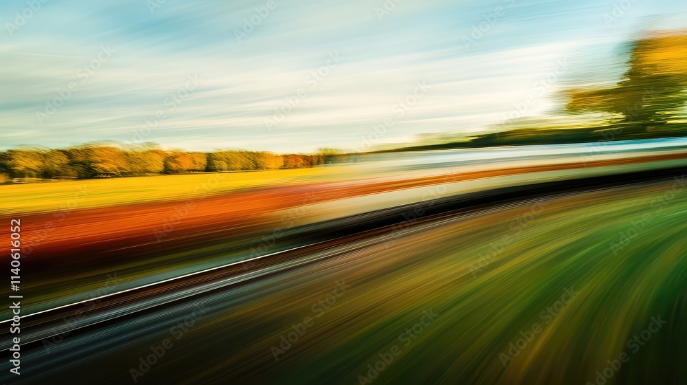 A high-speed train racing along tracks, with motion blur emphasizing its swift movement through a vibrant countryside A high-speed train racing along tracks, with motion blur emphasizing its swift movement through a vibrant countryside
