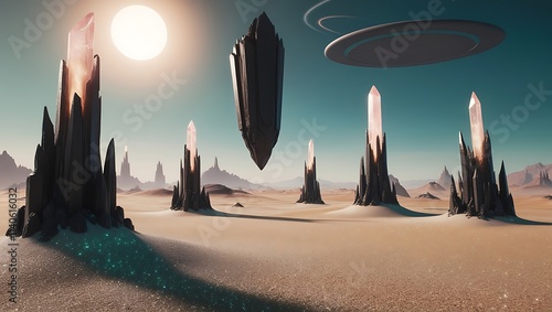 Immerse yourself in this breathtaking depiction of a surreal alien planet, featuring towering crystal formations that glow in mesmerizing iridescent hues. The vibrant, otherworldly crystals rise.