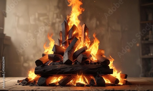 Tall flames rising from the hearth like a fiery tower , towering flames, rise, blazing inferno photo