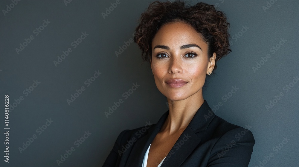 a woman with short curly hair wearing a black blazer and white top poses against a gray wall. a woman with short curly hair wearing a black blazer and white top poses against a gray wall.