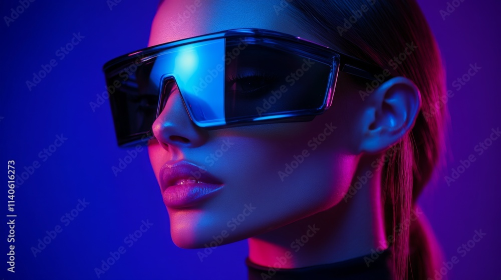 Side portrait of a woman with blue sunglasses under neon lighting Side portrait of a woman with blue sunglasses under neon lighting
