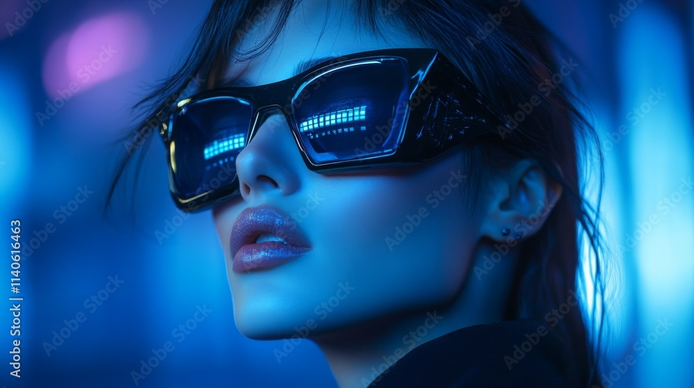 Stylized portrait of a woman wearing futuristic sunglasses under blue lighting Stylized portrait of a woman wearing futuristic sunglasses under blue lighting