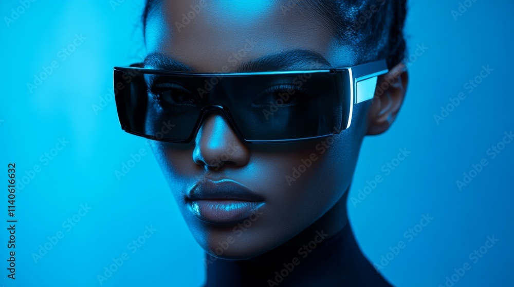 Stylish futuristic woman wearing angular dark sunglasses under blue lighting Stylish futuristic woman wearing angular dark sunglasses under blue lighting