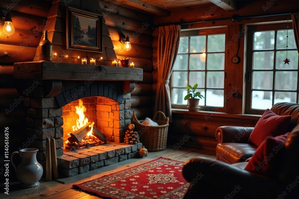 Wooden cabin with a warm fireplace and mulled wine jug, warmth, crackling flames Wooden cabin with a warm fireplace and mulled wine jug, warmth, crackling flames