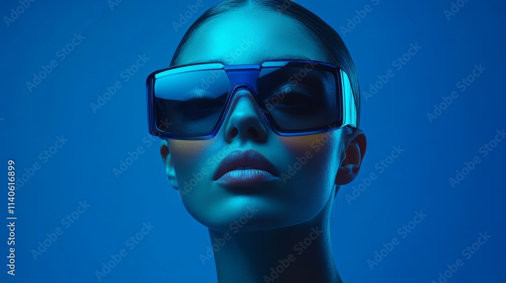 Close-up of a futuristic woman wearing transparent glasses in glowing blue lighting Close-up of a futuristic woman wearing transparent glasses in glowing blue lighting