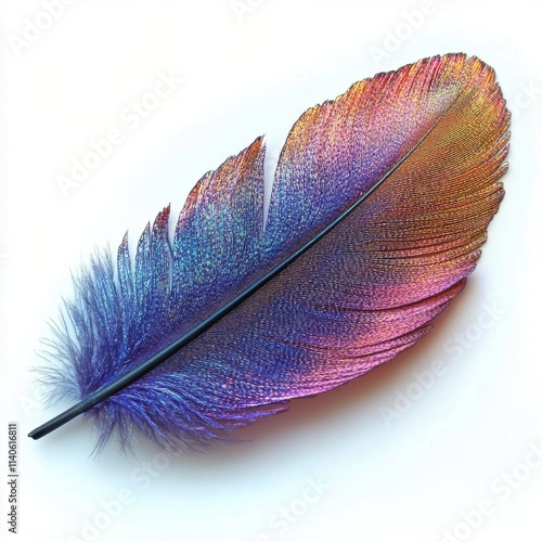 Vibrant feather displaying a rainbow of colors against a white background