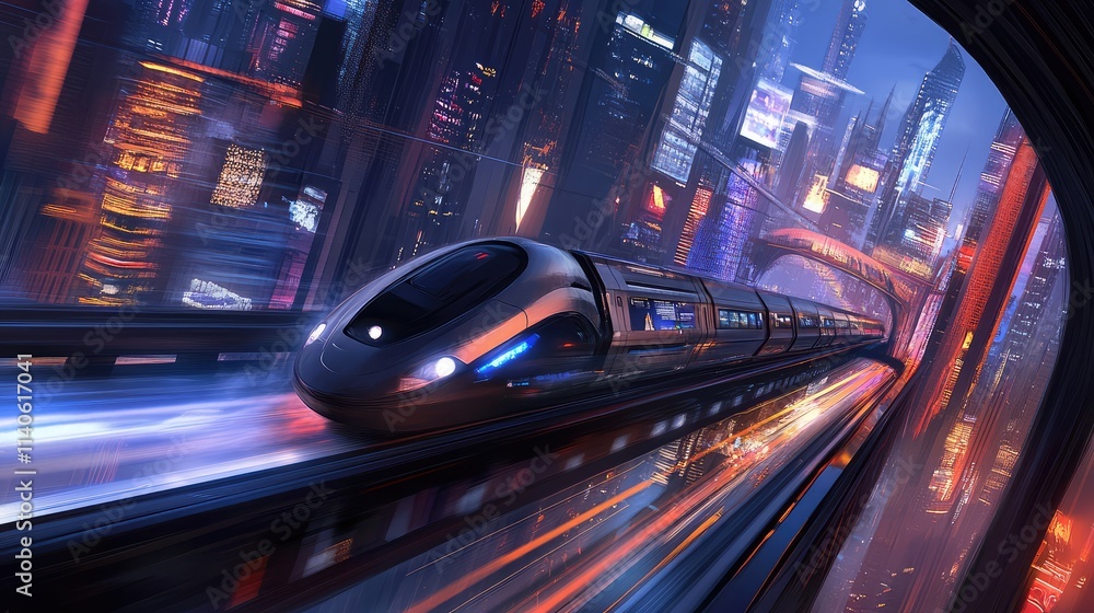 A high-speed train racing down an elevated track, with a panoramic cityscape and blurred buildings in the background A high-speed train racing down an elevated track, with a panoramic cityscape and blurred buildings in the background