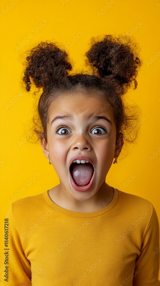Expressive portrait of a young child with curly hair buns showing extreme surprise and excitement against vibrant yellow background, wearing matching yellow shirt Expressive portrait of a young child with curly hair buns showing extreme surprise and excitement against vibrant yellow background, wearing matching yellow shirt