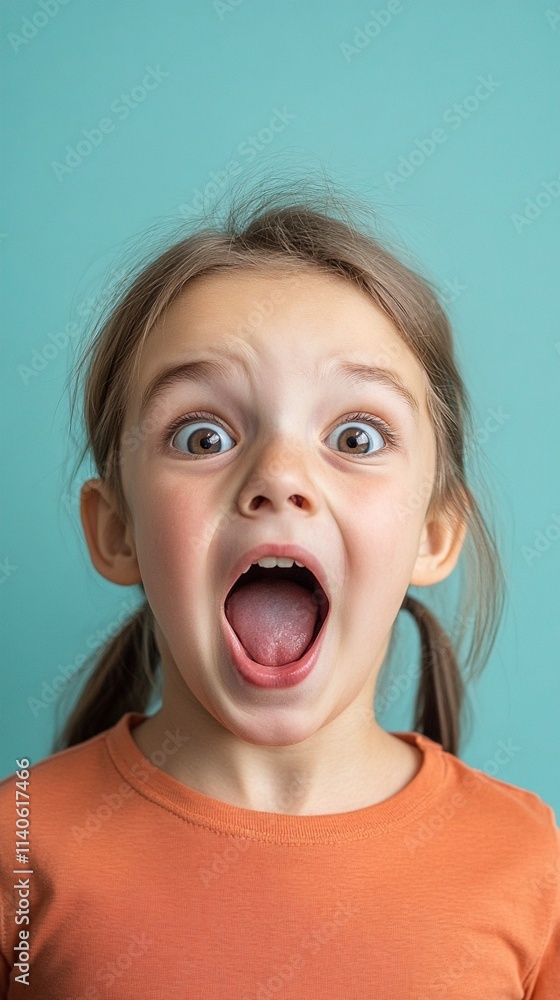 Expressive portrait of young child with wide-open mouth and eyes showing pure excitement and surprise against turquoise background, wearing bright orange t-shirt. Expressive portrait of young child with wide-open mouth and eyes showing pure excitement and surprise against turquoise background, wearing bright orange t-shirt.