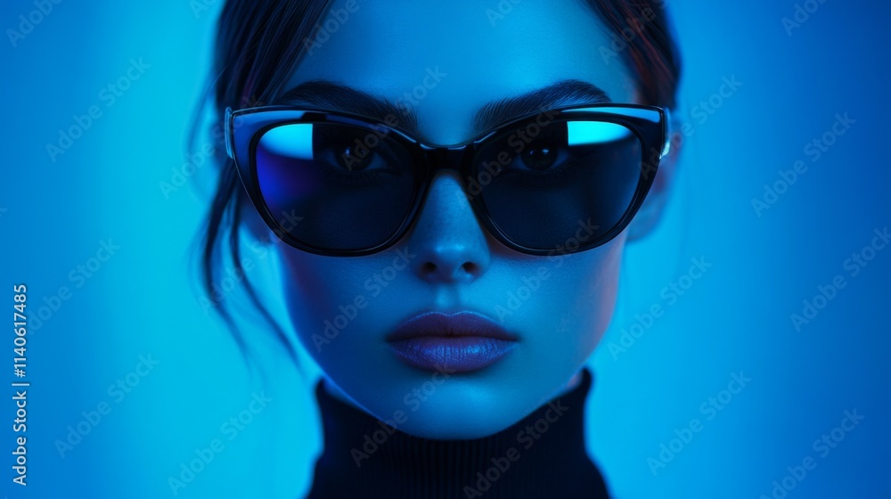 Futuristic portrait of a woman in dark glasses with blue neon lighting Futuristic portrait of a woman in dark glasses with blue neon lighting