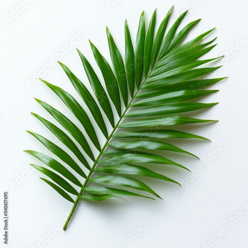 Vibrant green palm leaf against a simple white background showcasing natural ...