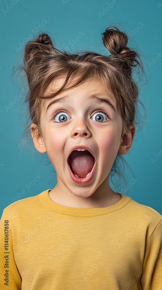 Expressive portrait of a young child with space buns hairstyle showing extreme surprise with wide open mouth and eyes against turquoise background, wearing yellow t-shirt. Expressive portrait of a young child with space buns hairstyle showing extreme surprise with wide open mouth and eyes against turquoise background, wearing yellow t-shirt.