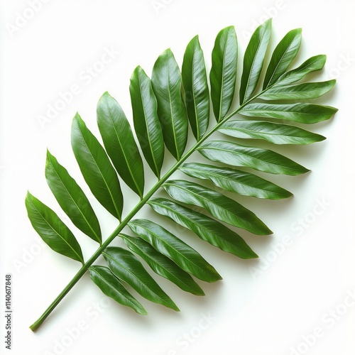 Vibrant green palm leaf against a simple white background showcasing natural ...