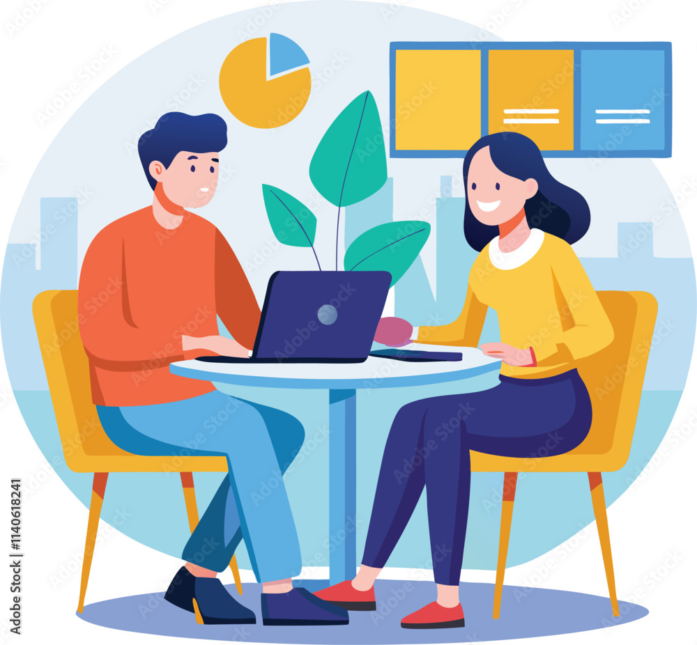 Partners meeting for business discussion with documents and laptop on desk. Couple at round table, speaking, discussing work, partnership. Flat vector on a white background Partners meeting for business discussion with documents and laptop on desk. Couple at round table, speaking, discussing work, partnership. Flat vector on a white background
