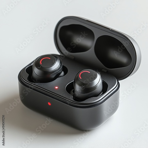 Wireless earbuds displayed in charging case on a plain surface during dayligh...
