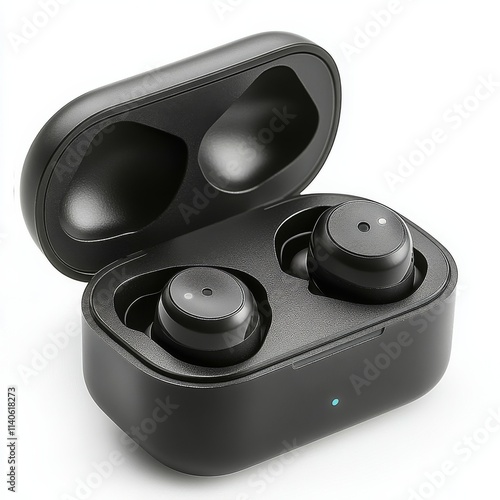 Wireless earbuds displayed in charging case on a plain surface during dayligh...
